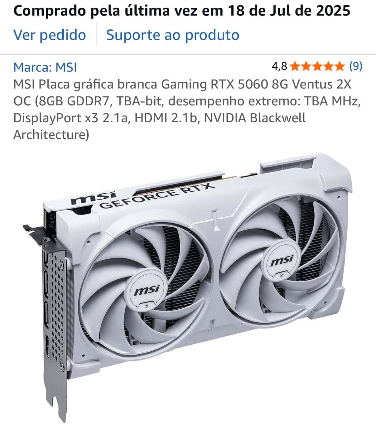 Hardware MSI RTX 5060 OC MSI VENTUS 2X BRANCA, seminovo